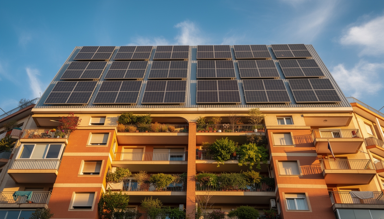 Paneles solares en tejado de edificio residencial con autoconsumo compartido
