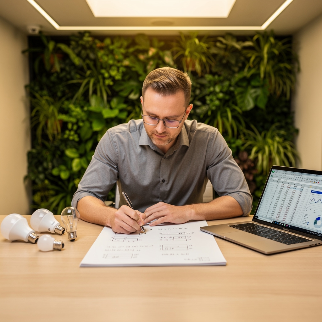 Persona calculando ahorro energético con hoja de cálculo y bombillas LED
