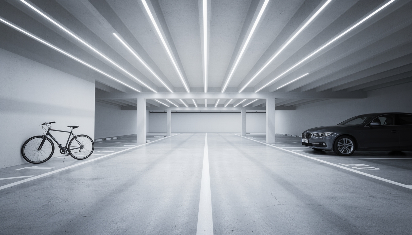 Iluminación LED instalada en garaje comunitario con luz eficiente