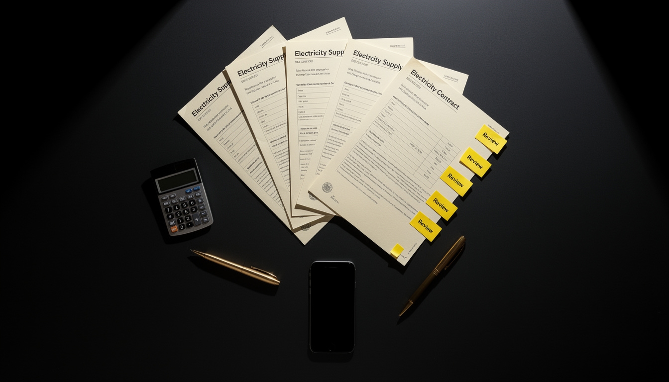 Mesa con documentos de contrato eléctrico, calculadora y bolígrafo